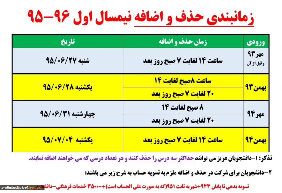 زمانبندی حذف و اضافه نیمسال اول 96-95 2