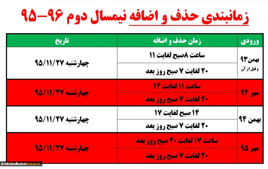 جدول زمانبندی نیمسال دوم 96-95 2