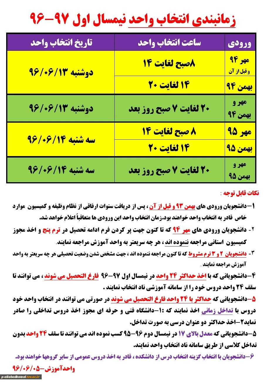 زمانبندی انتخاب واحد نیمسال اول 97-96 2