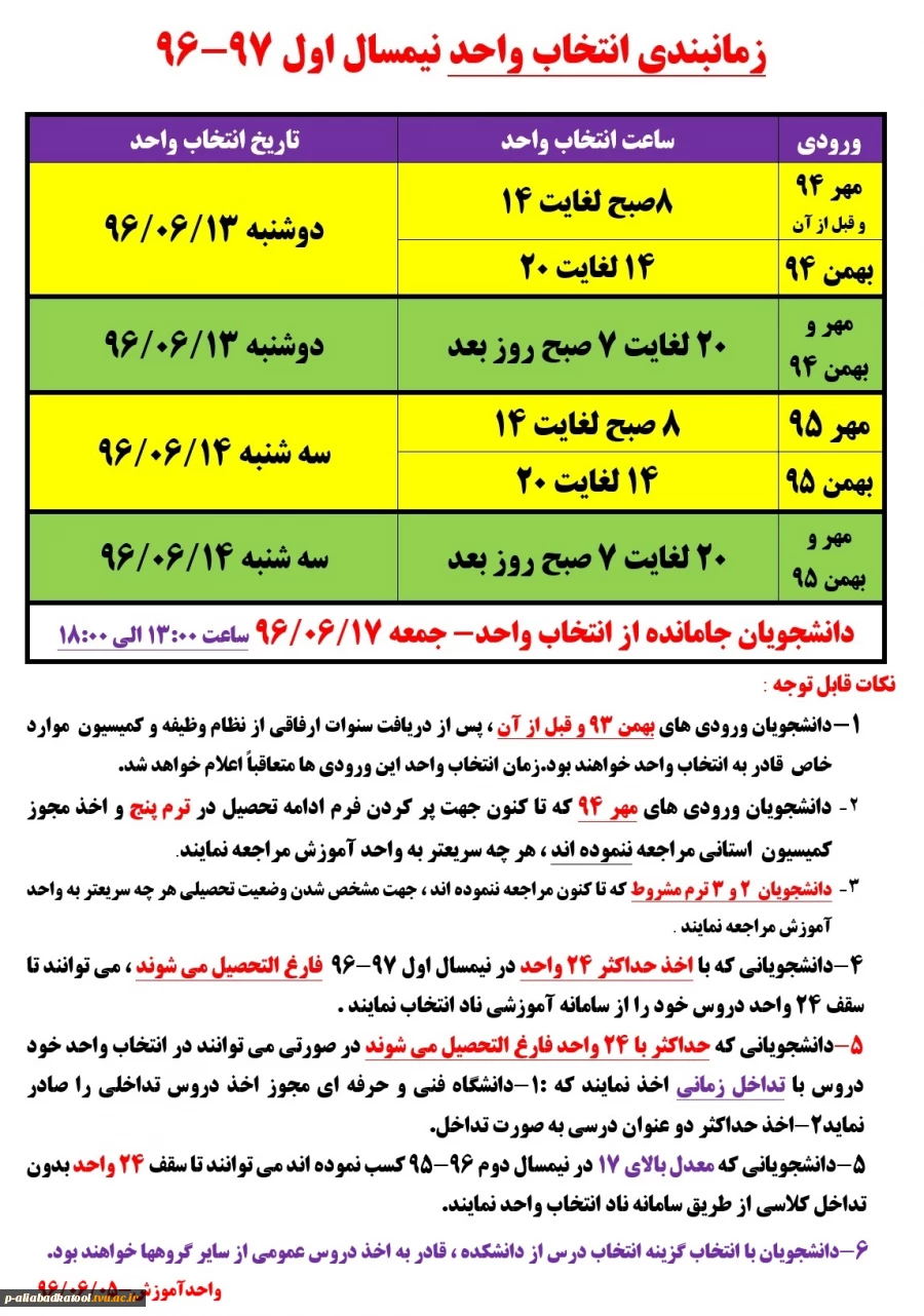 زمانبندی انتخاب واحد نیمسال اول 97-96 4