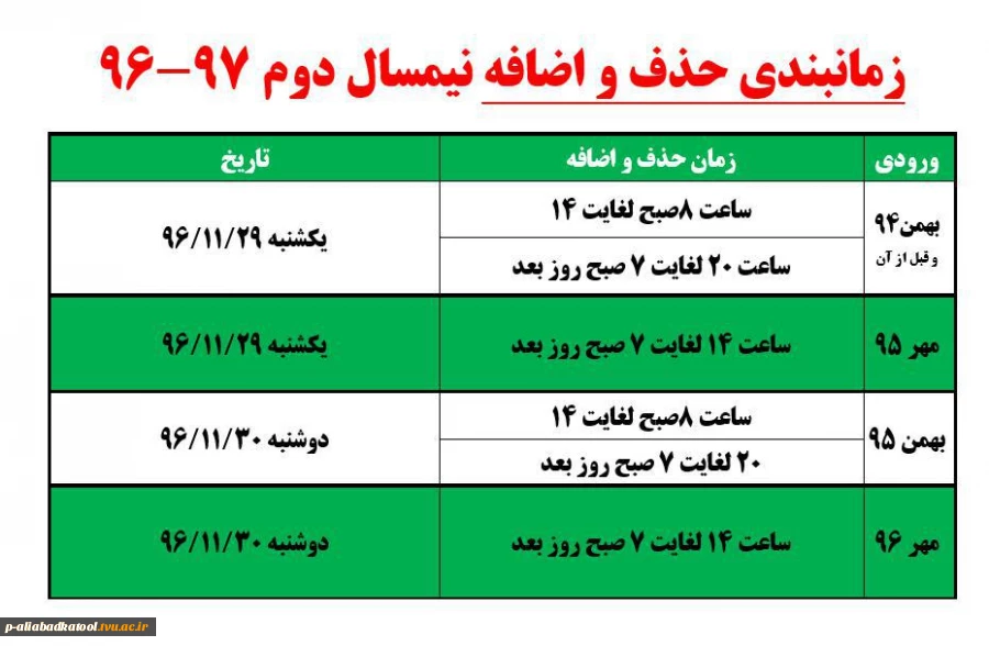 زمانبندی حذف و اضافه نیمسال دوم 97-96 2