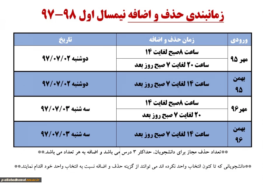 زمانبندی حذف و اضافه نیمسال اول 98-97 2