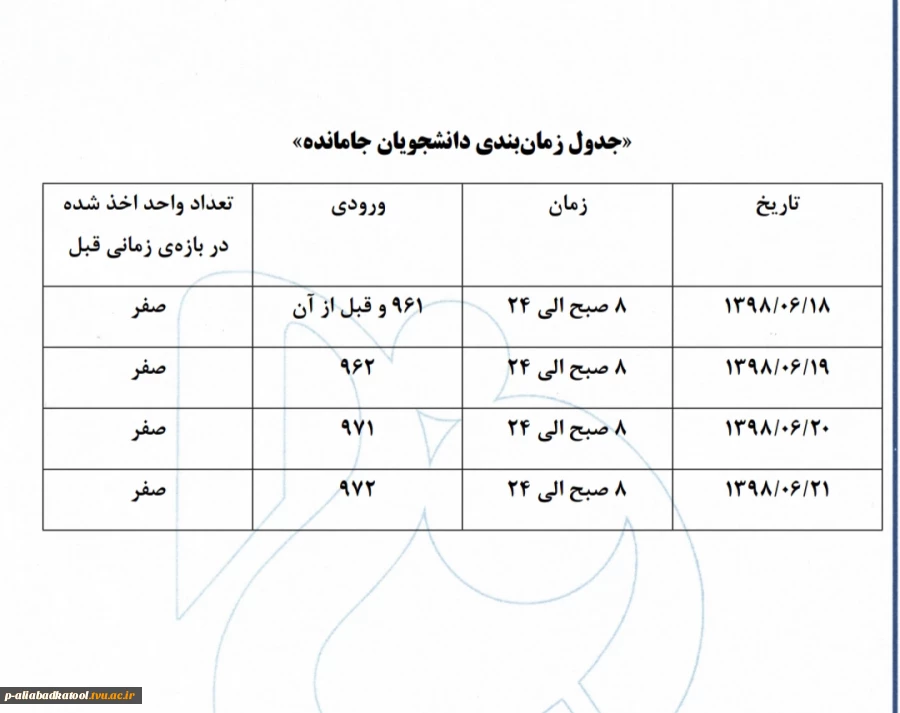 جدول زمانبندی انتخاب واحد (جامانده ها) 2