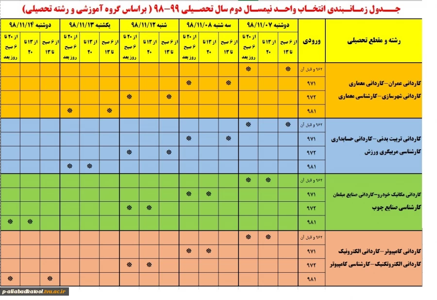 تقویم آموزشی، جدول زمانبندی انتخاب واحد و زمان شروع کلاسها نیمسال دوم سال تحصیلی 99-98  3