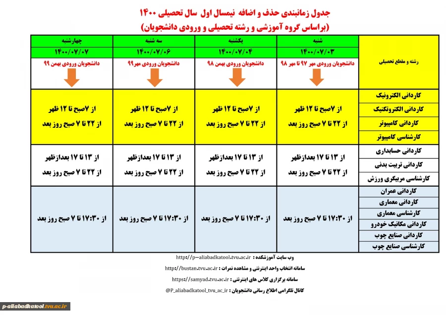 جدول زمانبندی حذف و اضافه نیمسال اول سال تحصیلی 1400 2