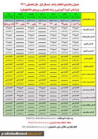 زمان بندی انتخاب واحد نیمسال اول 1401